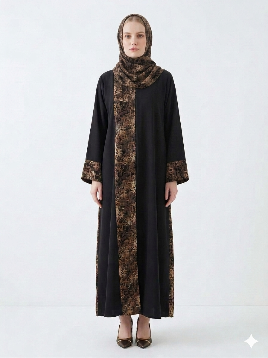 Rizqé Pashmina Nida Black and Brown Print Abaya