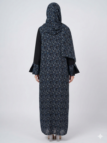 Rizqé Black and Blue Pashmina Printed Nida Abaya