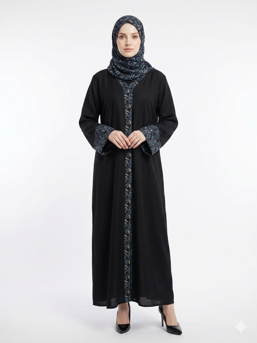 Rizqé Black and Blue Pashmina Printed Nida Abaya