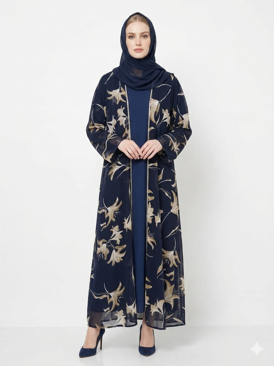 Rizqé Navy Bloom Sheer Floral Kimono Modest Abaya