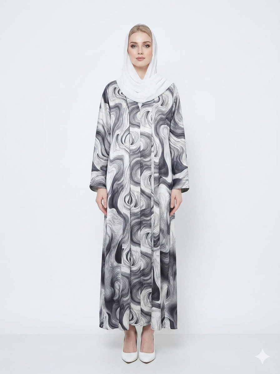 Rizqé Bianco Grey and White Swirl Satin Kimono Abaya