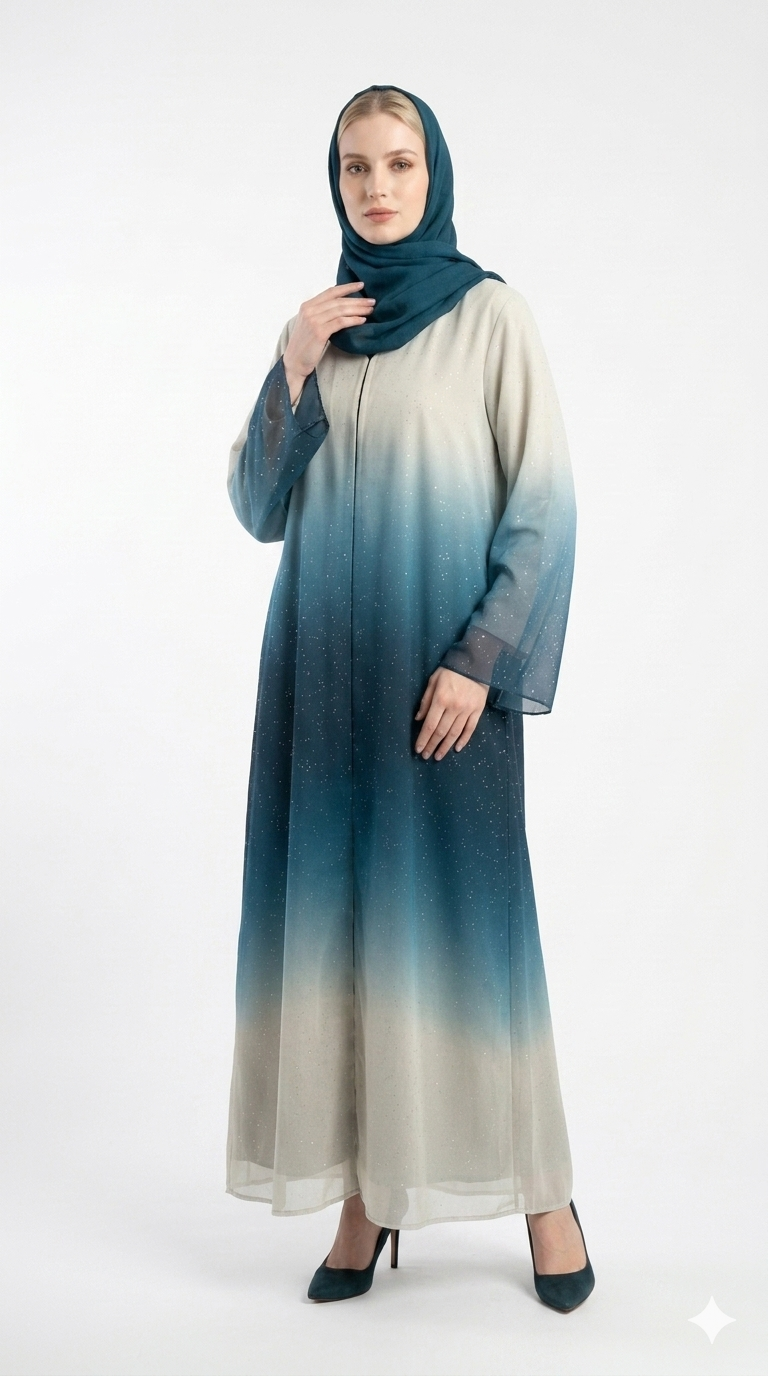 Rizqé Azure Teal Ombre Shimmer Abaya
