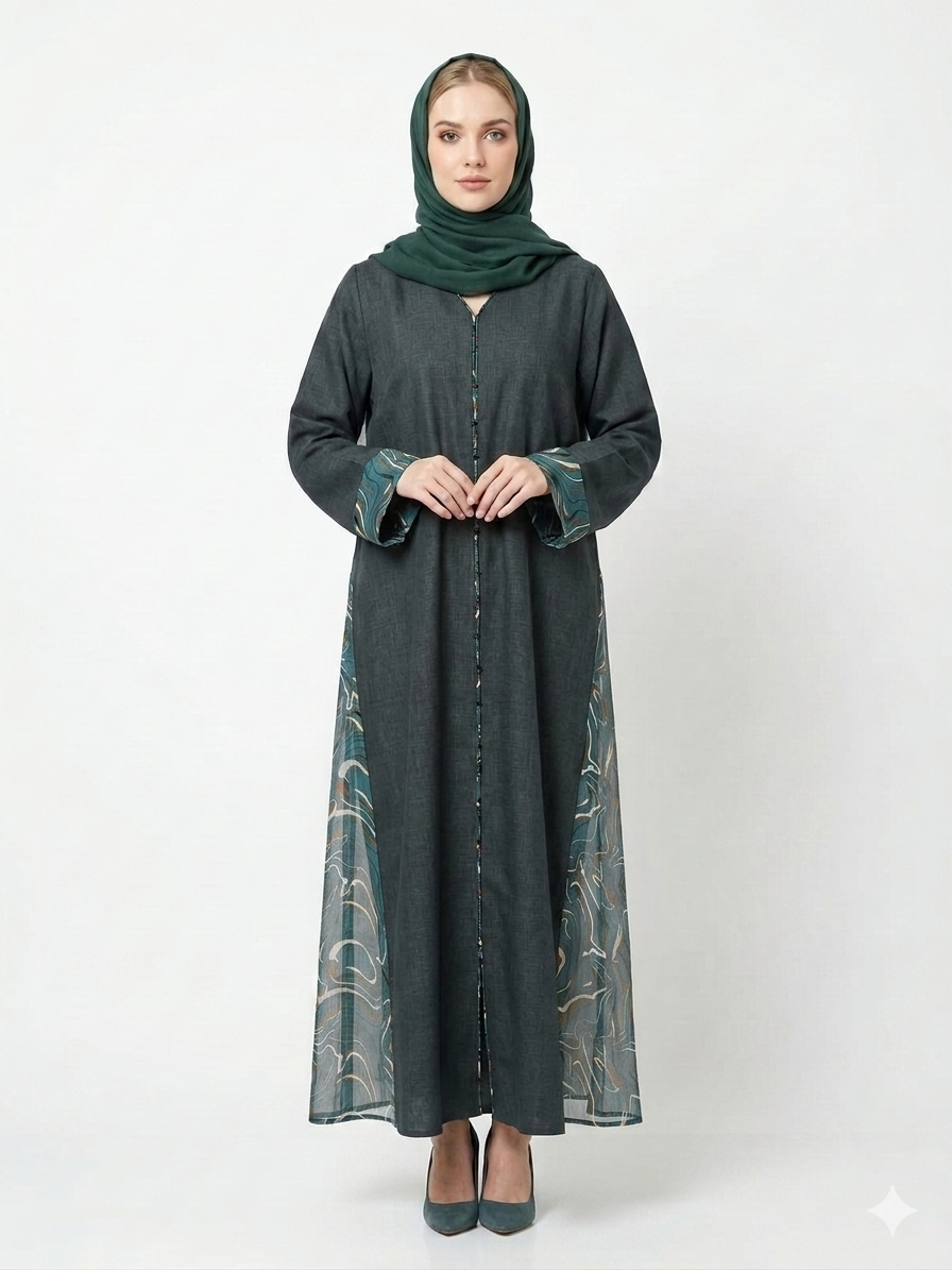 Rizqé Emerald Fusion Textured Cotton & Sheer Side Chiffon Abaya
