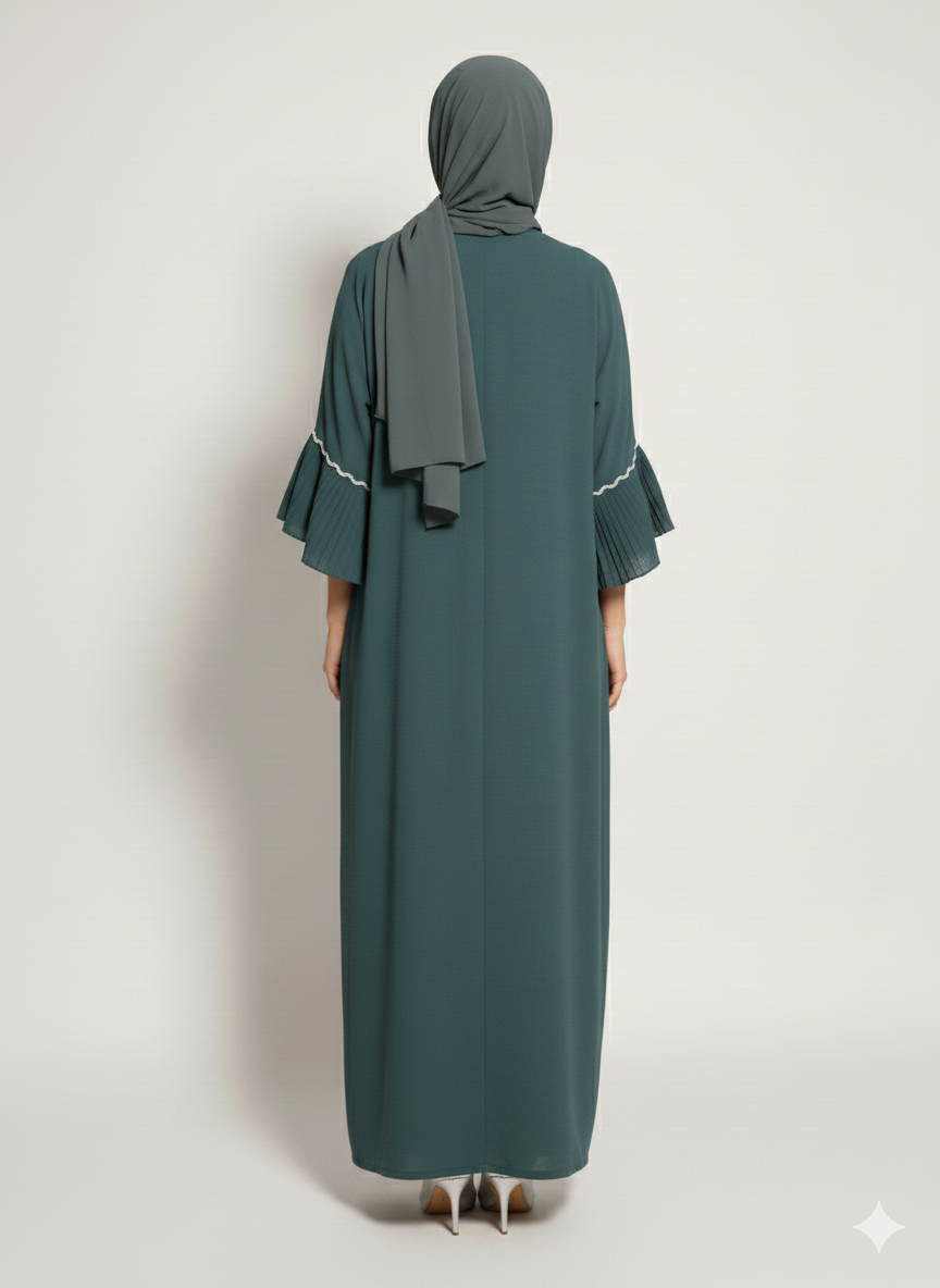 Korean Teal Abaya | Wrap Style Open Modest Dress | Pleated Flounce Sleeves with White Trim