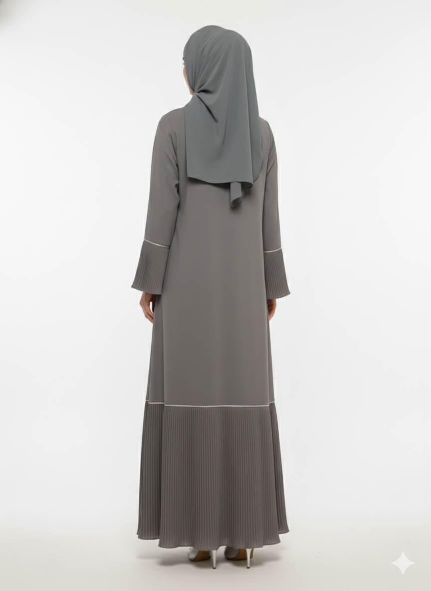 Designer Aria Grey Abaya | Micro-Pleated Hem & Flared Cuffs Silver Piping | Modest Rizqé Fashion