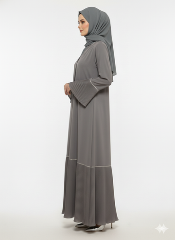 Designer Aria Grey Abaya | Micro-Pleated Hem & Flared Cuffs Silver Piping | Modest Rizqé Fashion