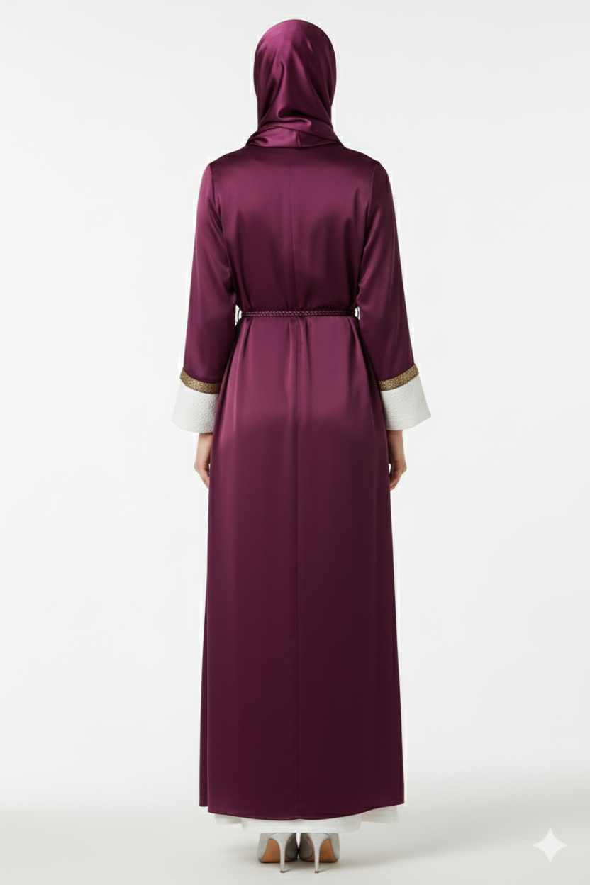 Rizqé Wine Satin Abaya | Gold Piping & White Contrast Cuffs | Regal Tasseled Belt Luxury Evening Wear