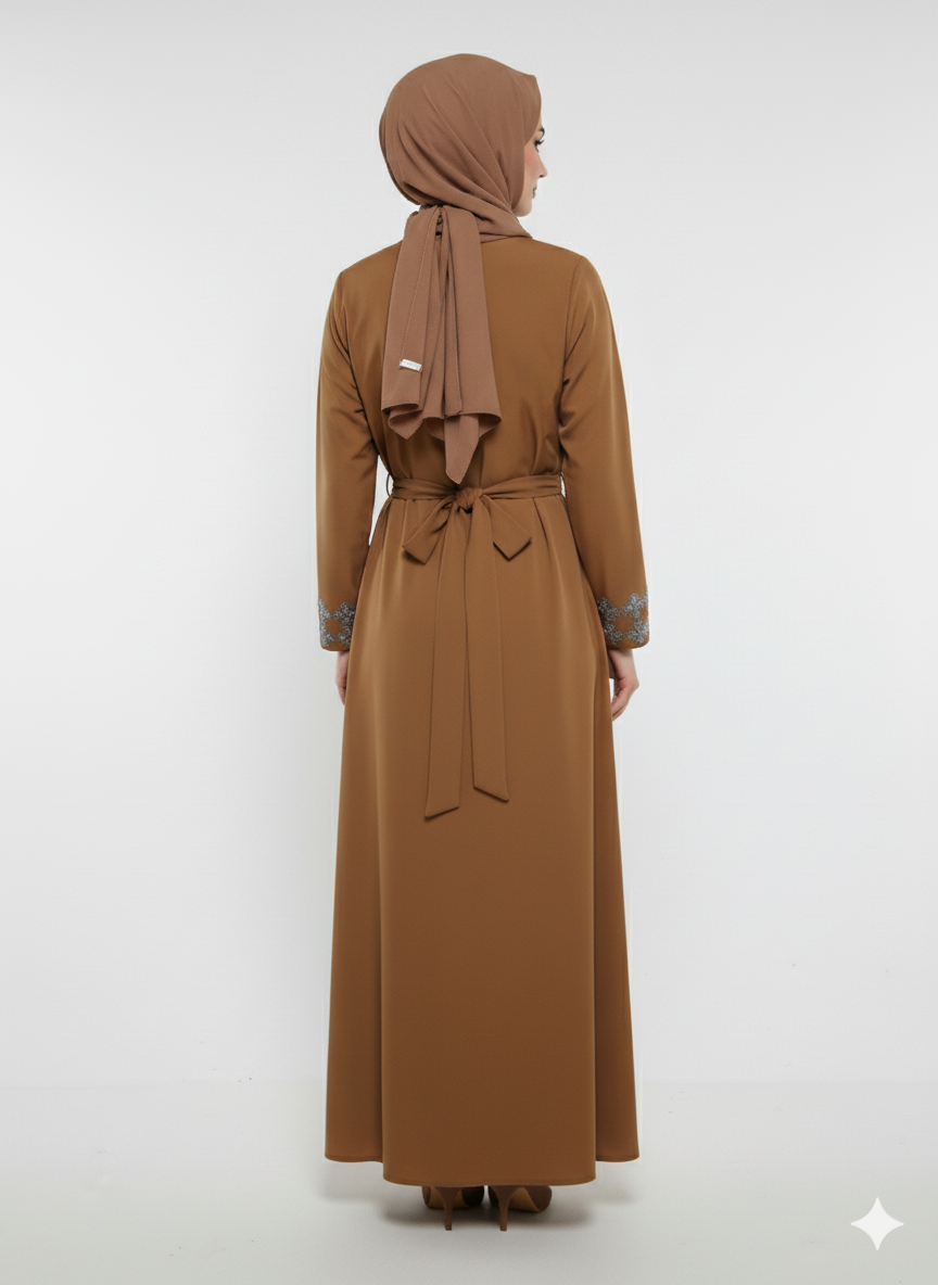 Premium Cocoa Brown Abaya | Diamond Embellished Open Jacket | Matching Inner with Waist-Tie Detailing