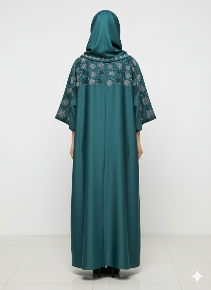 Rizqé Deep Emerald Green Abaya | Intricate Floral Silver Embellishment | Batwing Silhouette | Luxury Occasion Wear