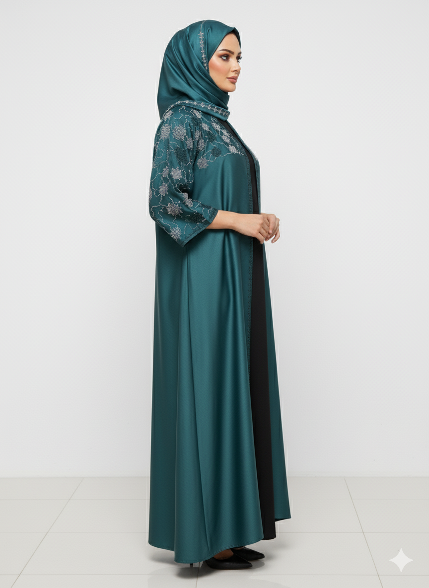 Rizqé Deep Emerald Green Abaya | Intricate Floral Silver Embellishment | Batwing Silhouette | Luxury Occasion Wear