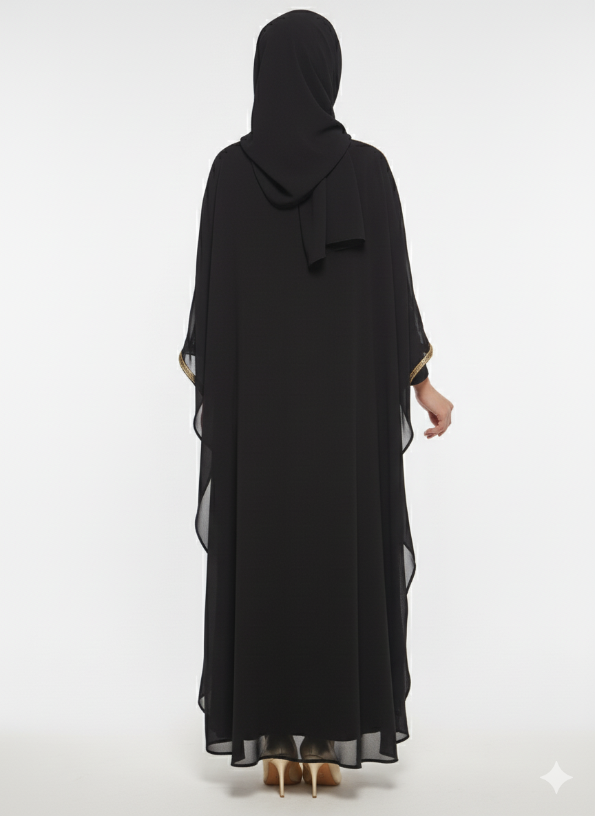 Rizqé Black Chiffon Butterfly Abaya | Opulent Gold Floral Embroidery | Flowing Kaftan Silhouette | Luxury Occasion Wear