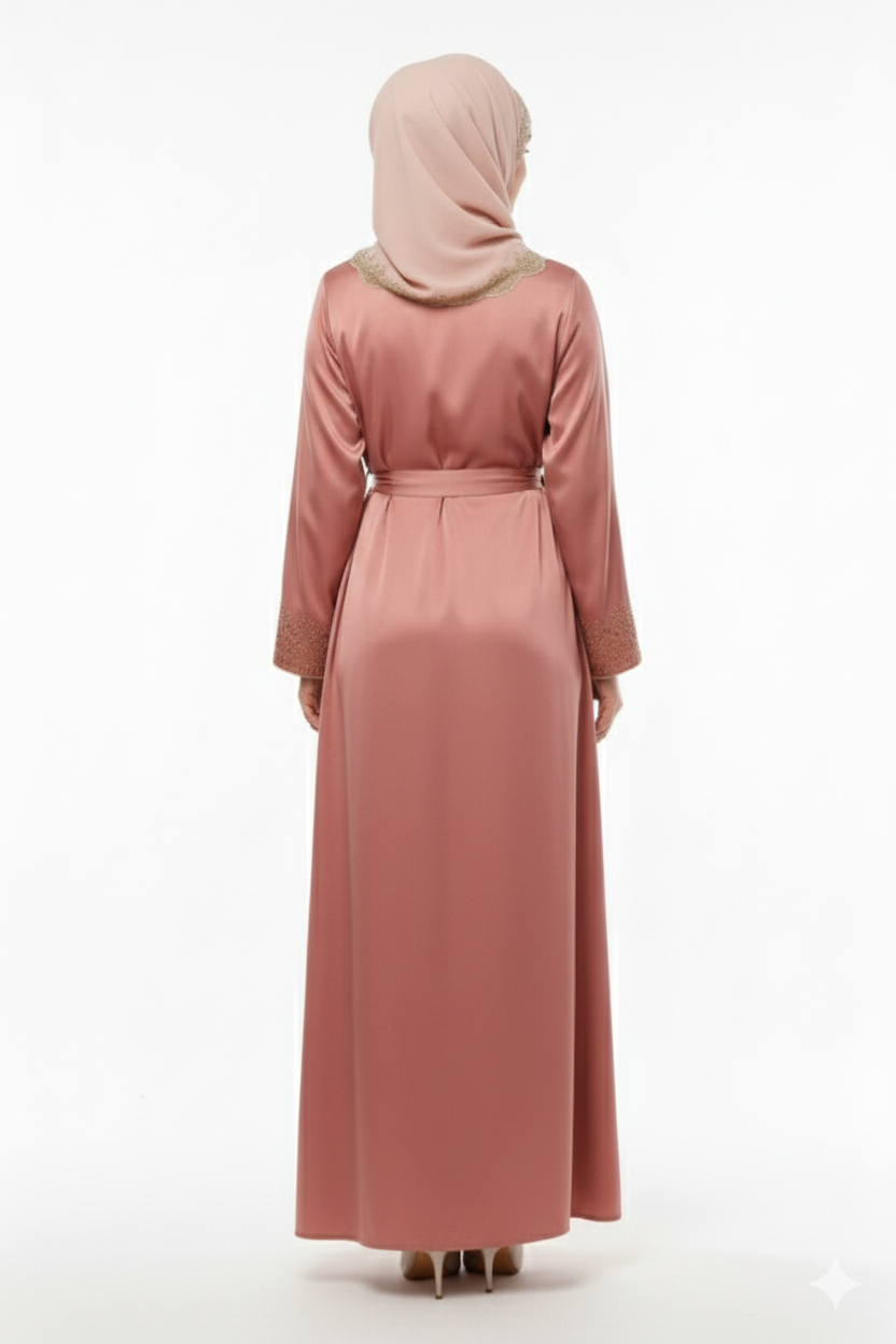 Rizqé Dusty Rose Satin Abaya | Gold Scalloped Embellishment | Tie-Waist Kimono Silhouette | Luxury Bridal/Evening Wear