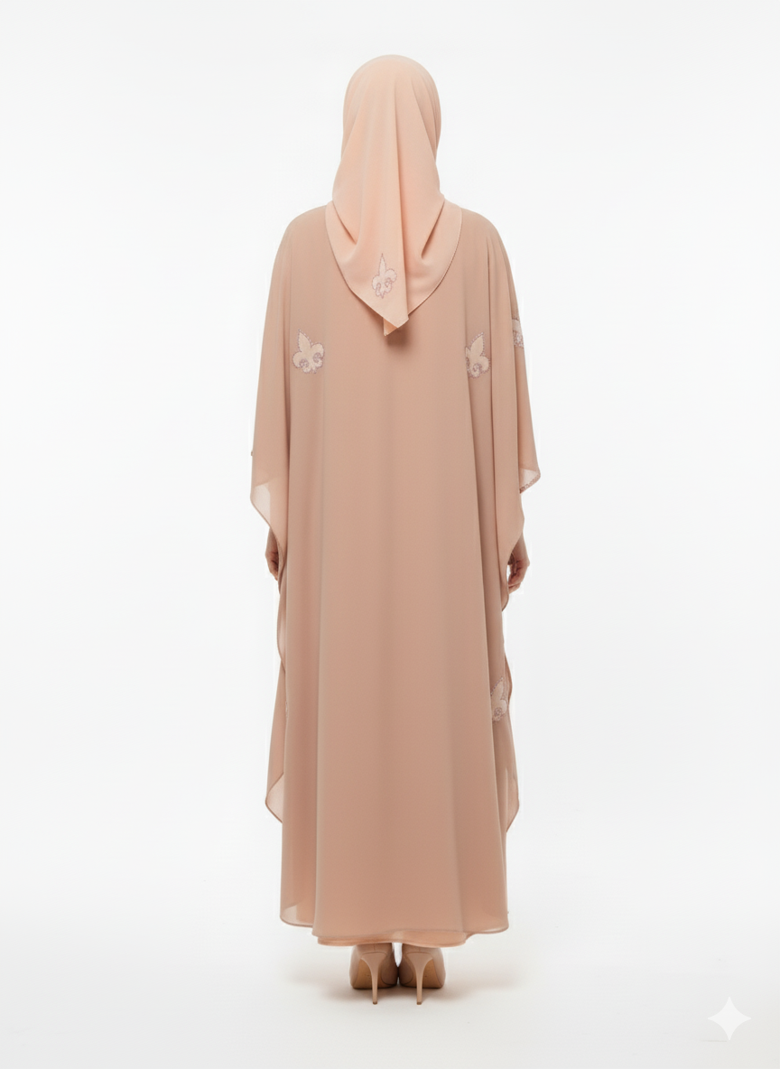 Rizqé Dusty Rose Chiffon Abaya | Fleur-de-lis Motif Embellishment | Flowing Butterfly Silhouette | Soft Pastel Occasion Wear