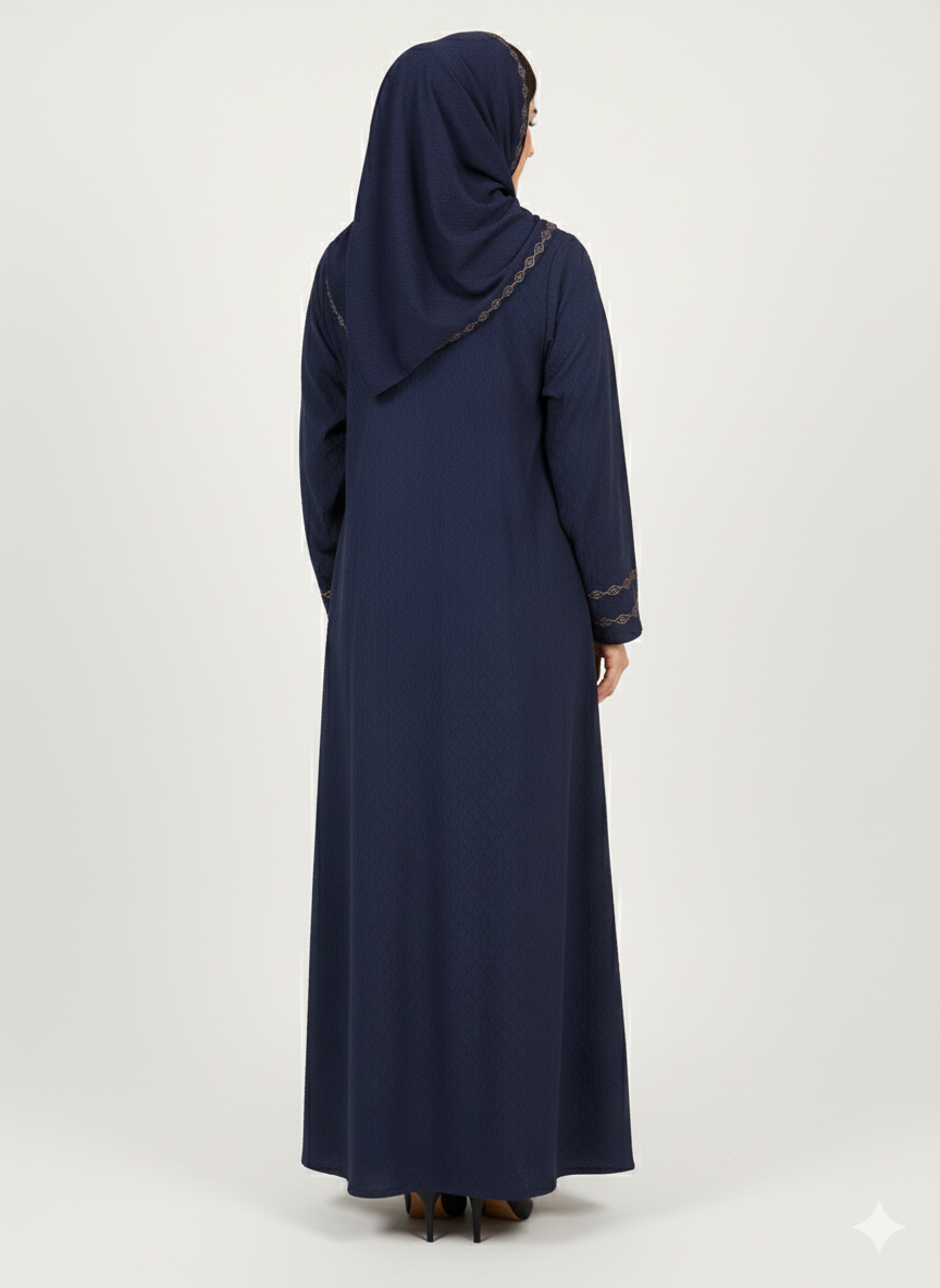 Rizqé Navy Blue Textured Abaya | Bronze Geometric Embroidery | Full Coverage A-Line Silhouette | Modern Modesty Dress