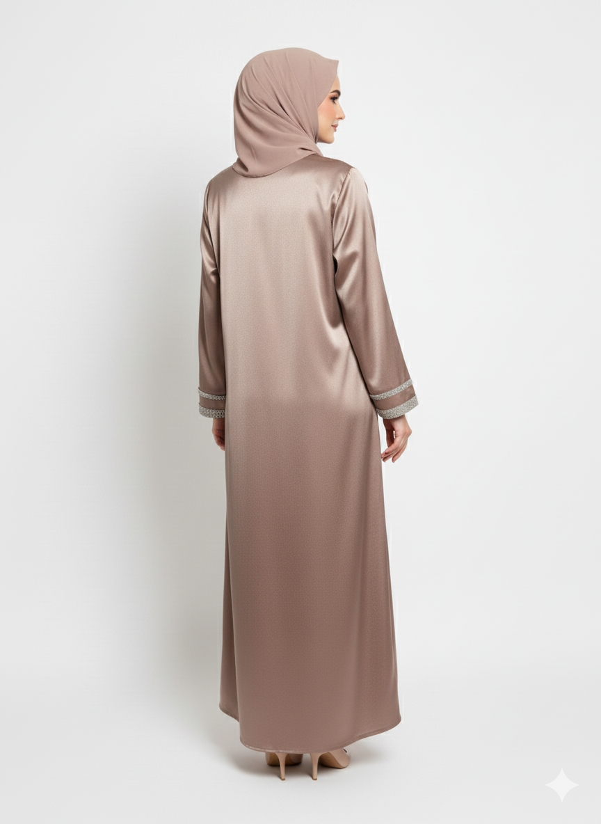 Rizqé Taupe Satin Open Abaya | Lustrous Fabric with Silver Embellished Trim |Elegant Evening Modesty Wear