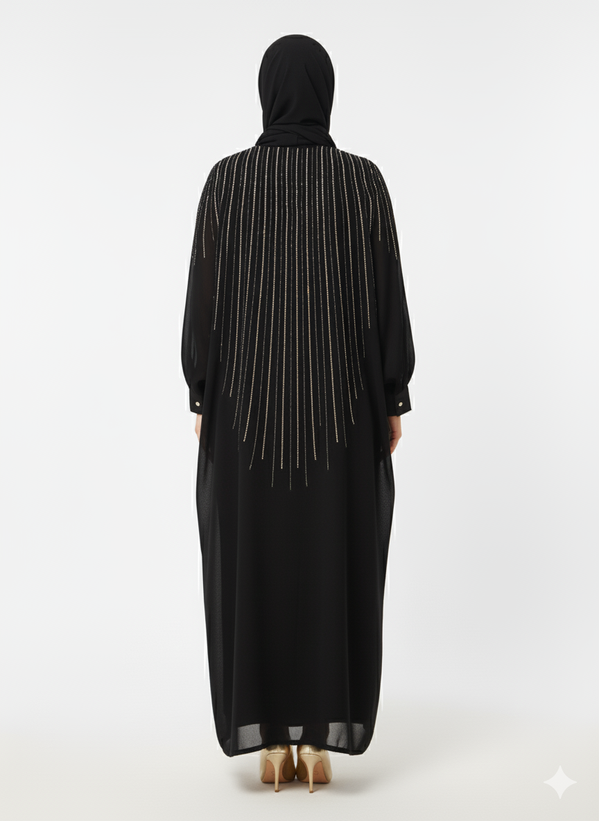 Rizqé Black Open Abaya | Vertical Beaded Embellishment | Voluminous Batwing Sleeve Cut | Luxury Evening Modest Wear