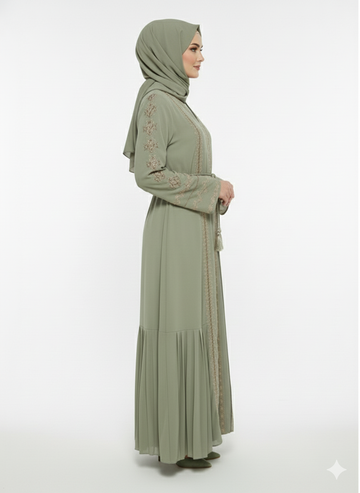 Rizqé Pistachio Green Abaya | Bronze Embroidery | Micro-Pleat Side Panels | Nida/Crepe Modesty Wear