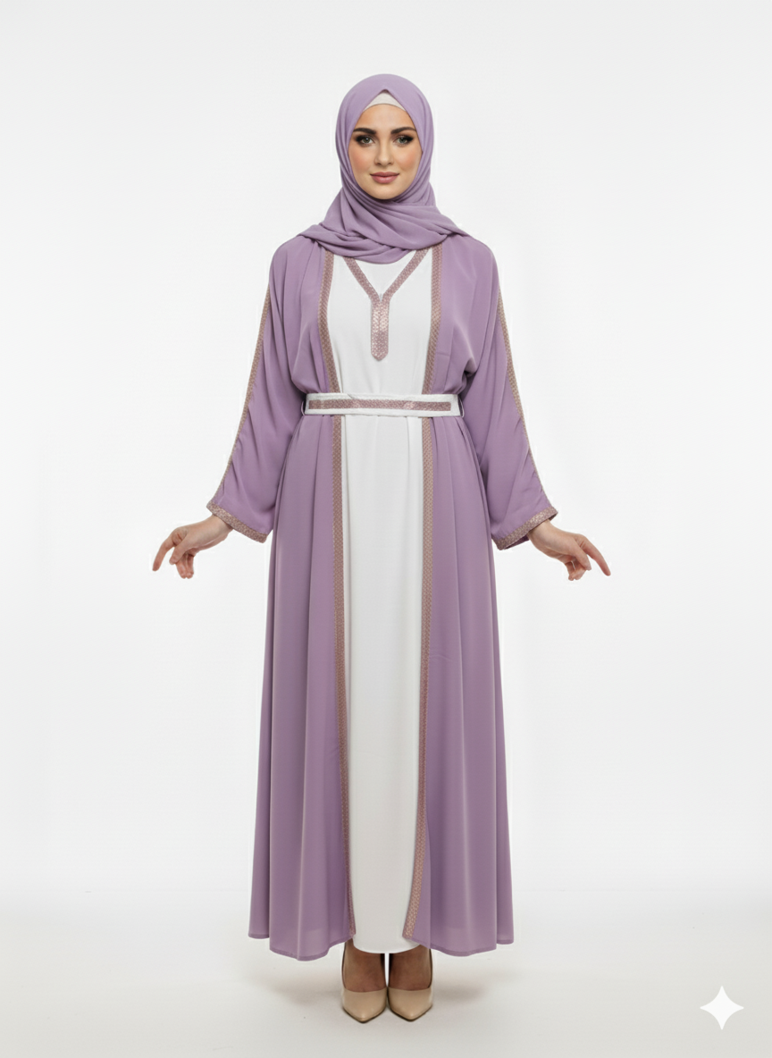 Rizqé Lavender Open Jacket Abaya | White Contrast Inner Panel | Rose-Gold Trim Detail & Tie-Belt | Pastel Luxury Modesty Wear