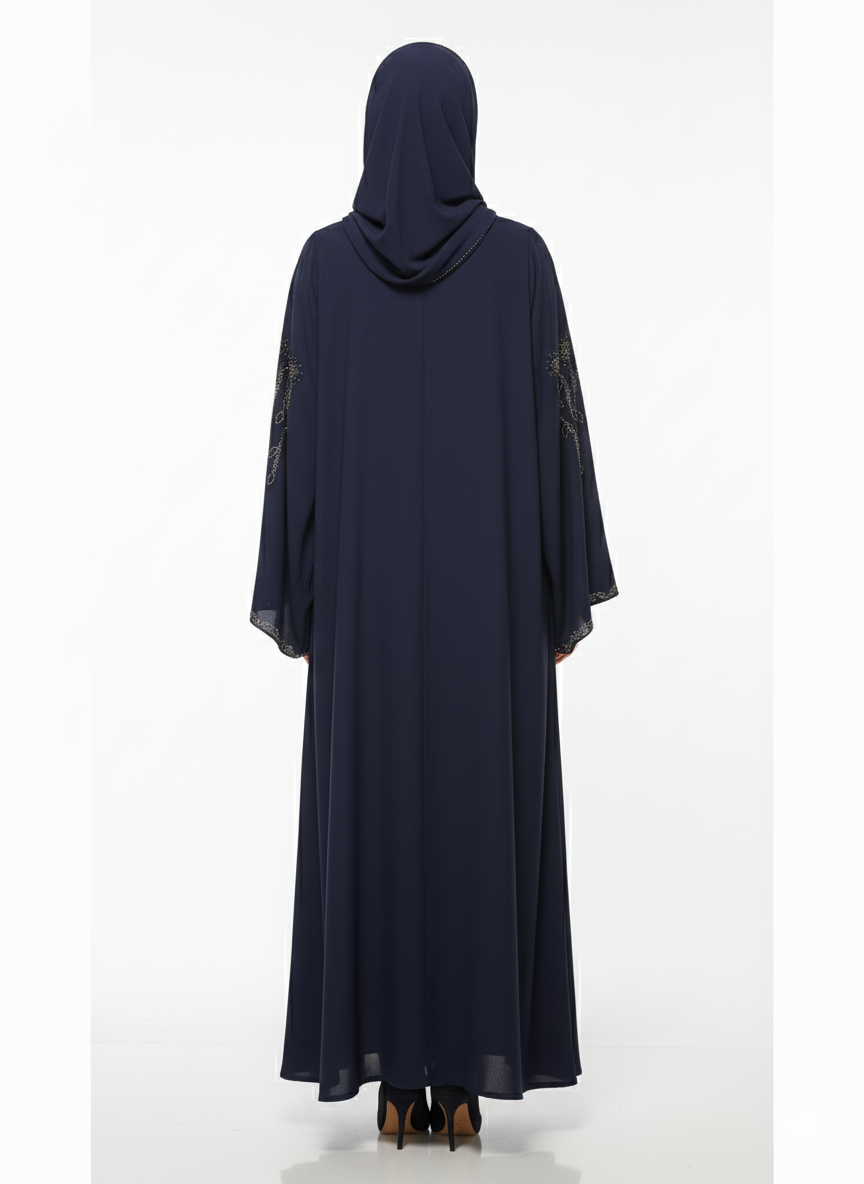 Rizqé Navy Blue Butterfly Abaya | Vine Embellishment | Wide Flared Sleeves | Elegantly Flowing Modesty Wear