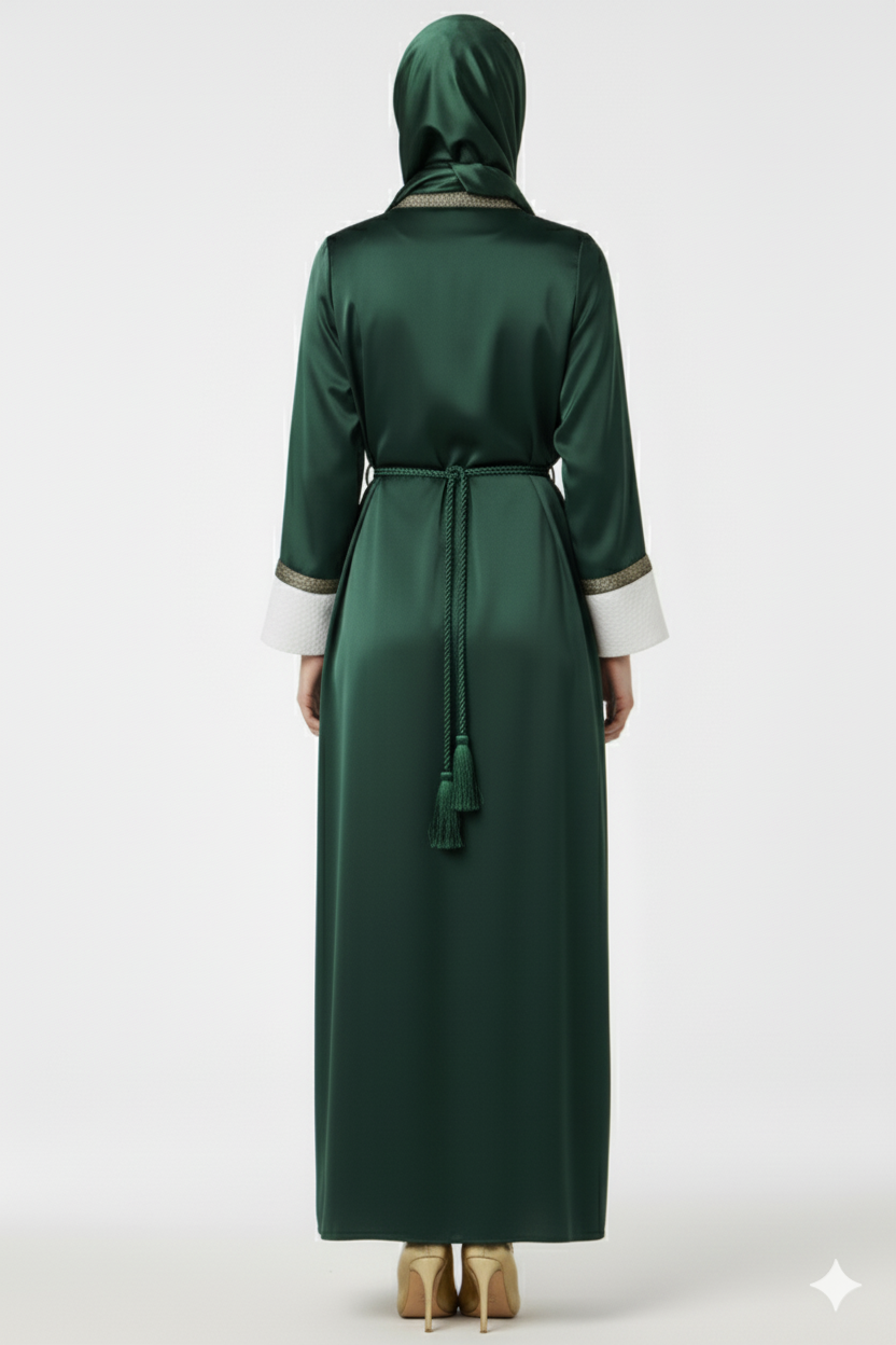 Emerald Green Satin Jacket Abaya | White Contrast Inner Panel & Gold Trim | Rizqé Luxury Jewel Tone Occasion Wear