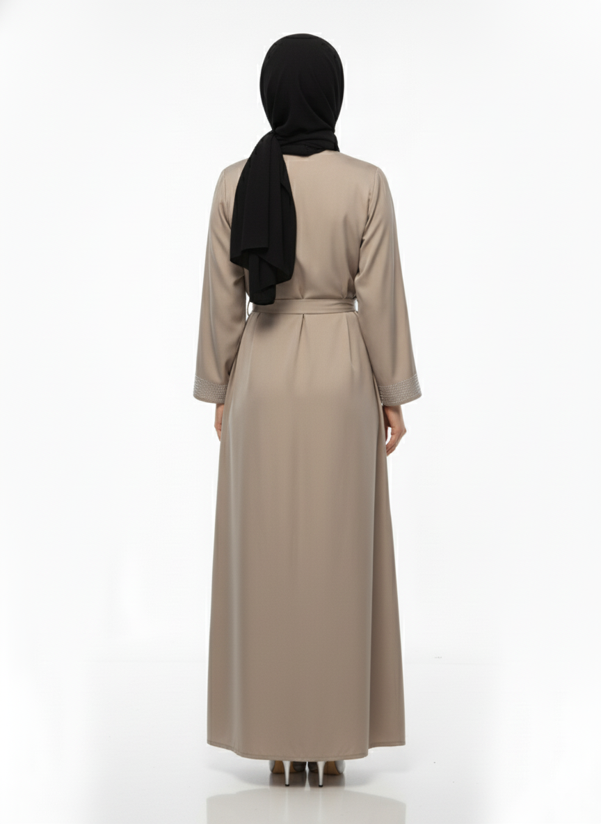 Premium Crystal Embellished Abaya | Taupe Belted Modest Dress | Rizqé Luxury & Festive Wear