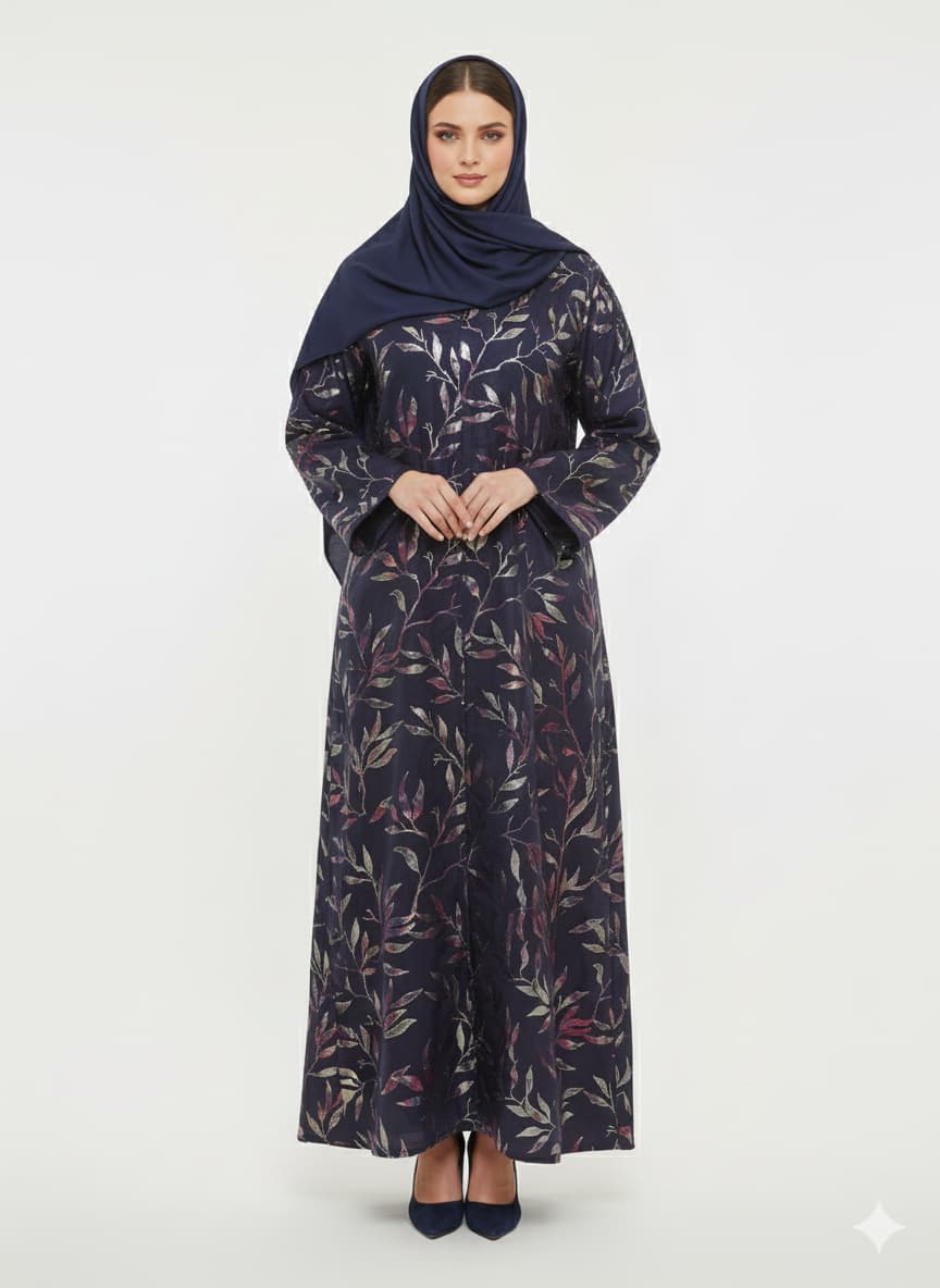 Midnight Starlight Navy Abaya | Rizqé Silver Foil Print Luxury Modest Premium Wrap Dress