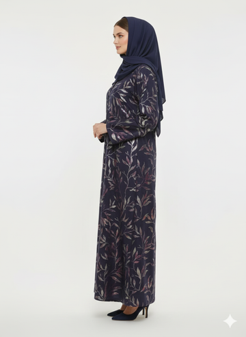 Midnight Starlight Navy Abaya | Rizqé Silver Foil Print Luxury Modest Premium Wrap Dress