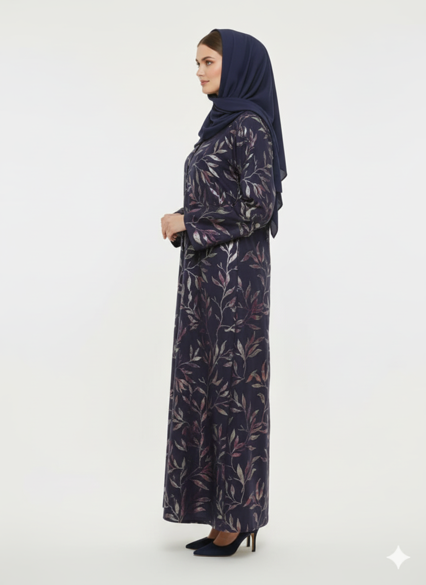 Midnight Starlight Navy Abaya | Rizqé Silver Foil Print Luxury Modest Premium Wrap Dress