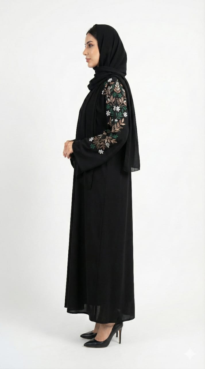 Obsidian Noir Hand-Embroidered Abaya | Rizqé Luxury Crystal & Beadwork Open Wrap