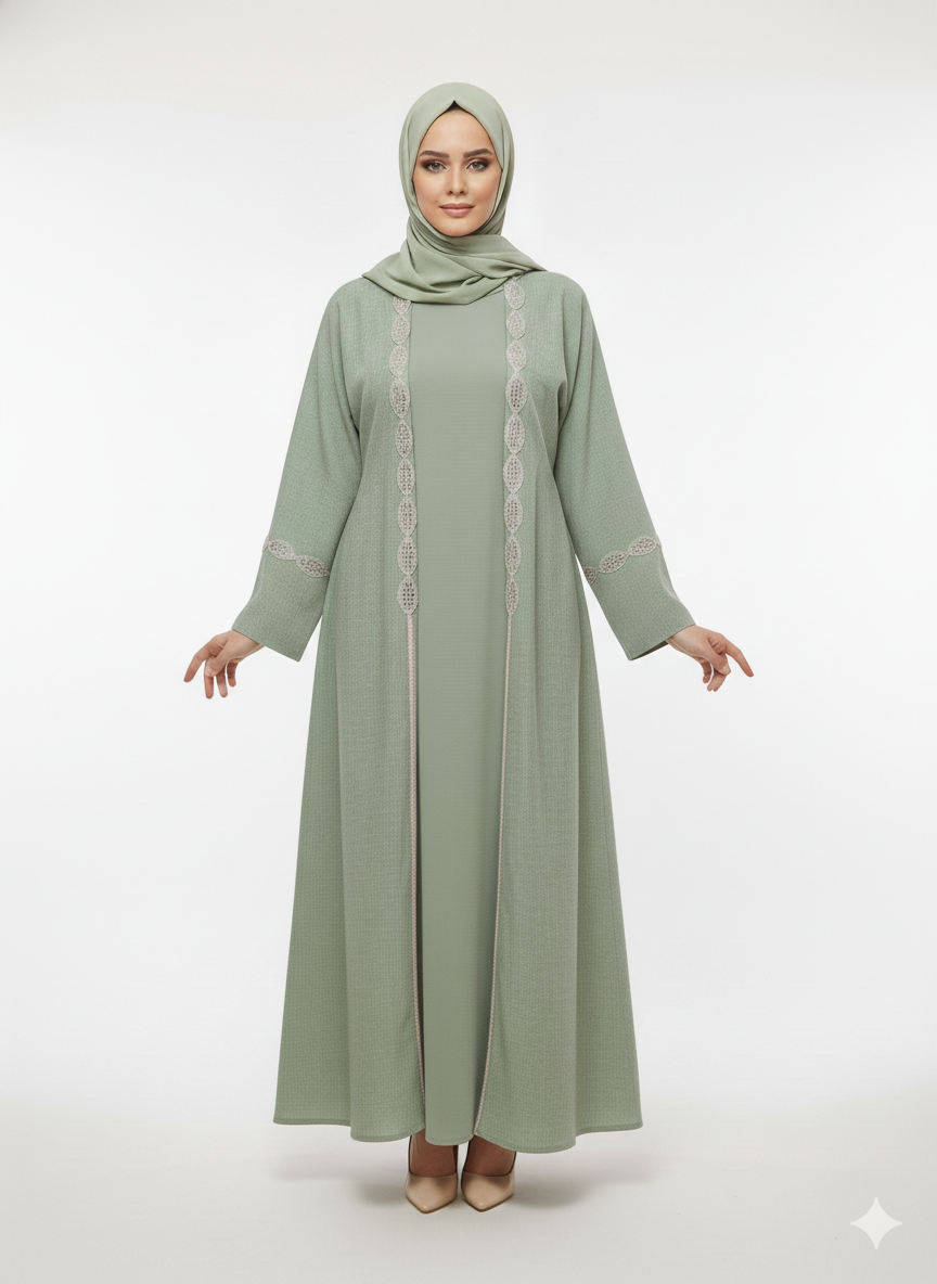 Sage Green Mirror Work Abaya | Rizqé Luxury Sheesha Embellished Modest Open Wrap Dress