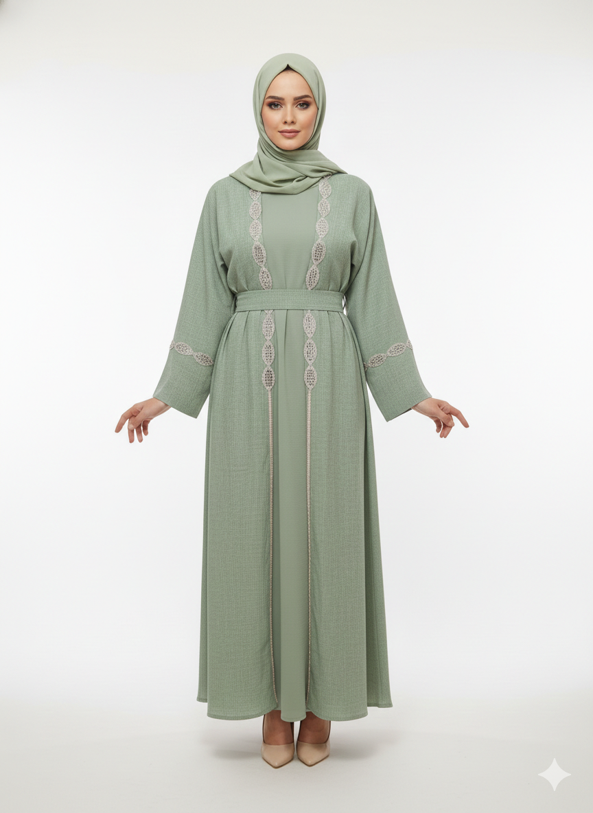Sage Green Mirror Work Abaya | Rizqé Luxury Sheesha Embellished Modest Open Wrap Dress