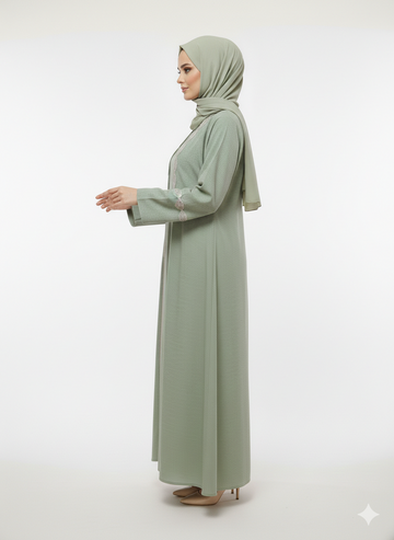 Sage Green Mirror Work Abaya | Rizqé Luxury Sheesha Embellished Modest Open Wrap Dress