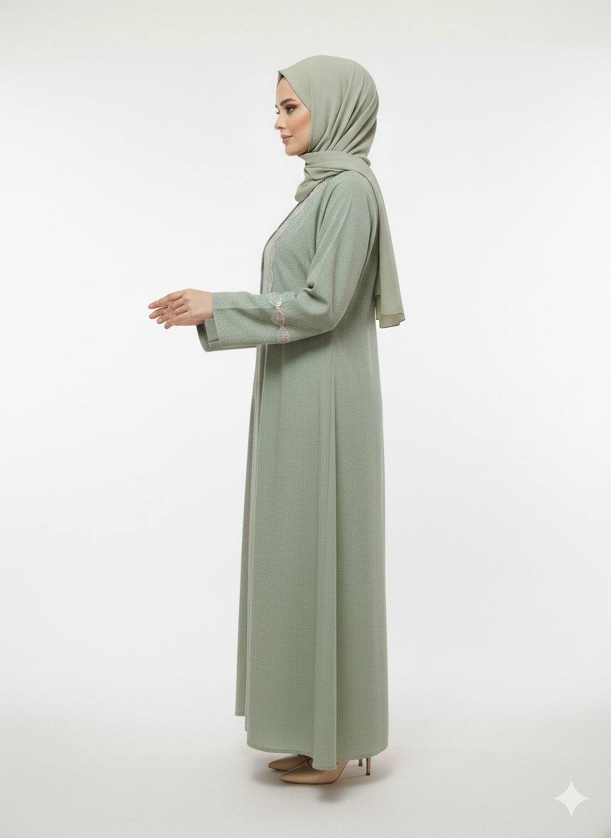 Sage Green Mirror Work Abaya | Rizqé Luxury Sheesha Embellished Modest Open Wrap Dress