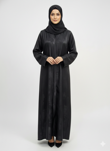 Onyx Black-Leaf Satin Abaya | Rizqé Luxury Metallic Printed Open Wrap with Bell Sleeves