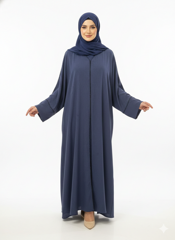 Midnight Navy Tailored Abaya | Rizqé Luxury Beaded Border Wrap with Classic Straight Sleeves