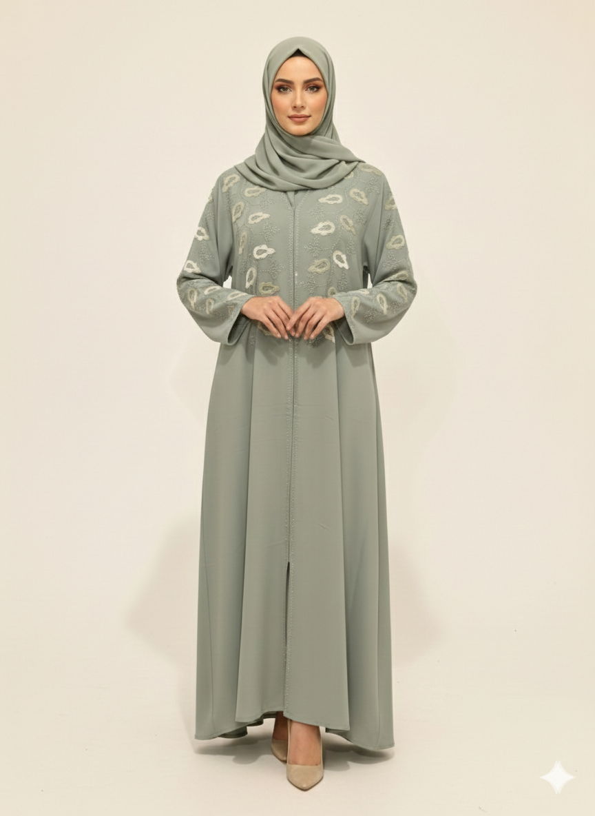 Sage Green Embroidered Abaya | Rizqé Luxury Artisanal Motif Wrap with Tailored Straight Sleeves