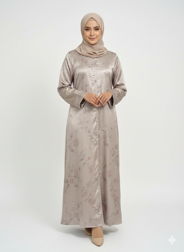 Champagne Beige Foil Print Abaya | Rizqé Luxury Metallic Botanical Wrap with Tailored Straight Sleeves