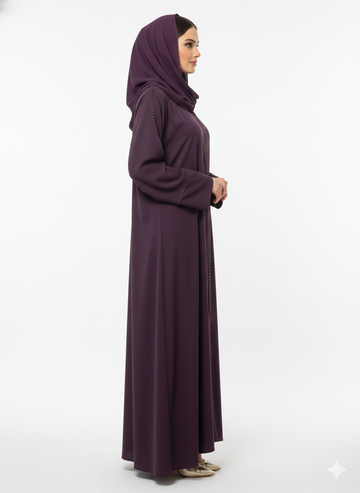 Deep Plum Beaded Abaya | Rizqé Luxury Hand-Stitched Linear Trim with Classic Straight Sleeves