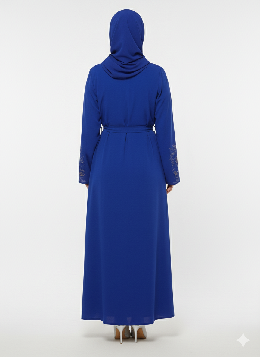 Royal Blue Embellished Abaya | Gold Crystal Belted Modest Dress | Luxury Nida Fabric| Rizqé