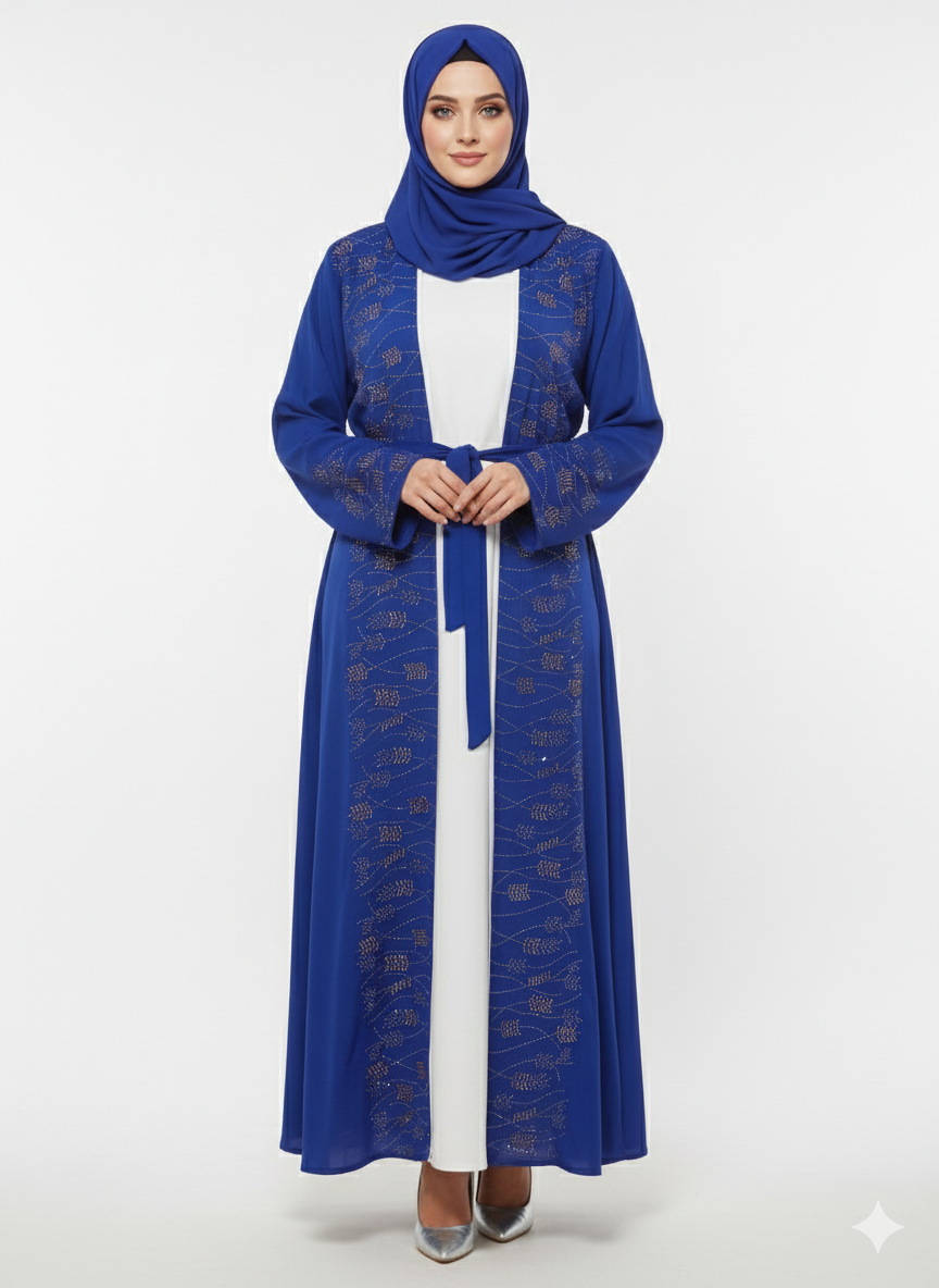 Royal Blue Embellished Abaya | Gold Crystal Belted Modest Dress | Luxury Nida Fabric| Rizqé