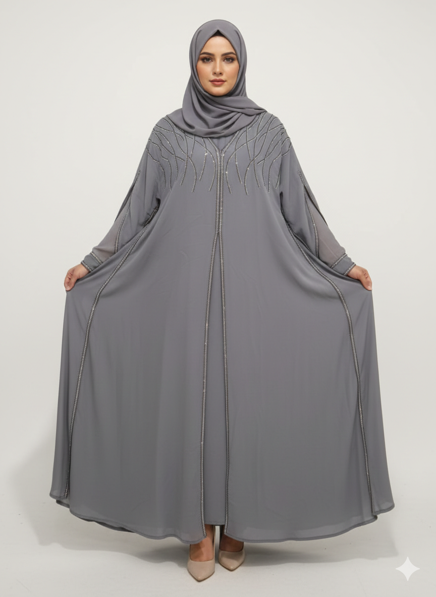 Steel Grey Layered Farasha Abaya | Rizqé Silver Vine Hand-Embellishment with Sheer Chiffon Double Sleeves