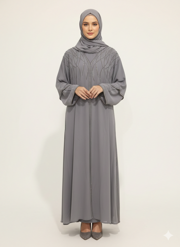 Steel Grey Layered Farasha Abaya | Rizqé Silver Vine Hand-Embellishment with Sheer Chiffon Double Sleeves