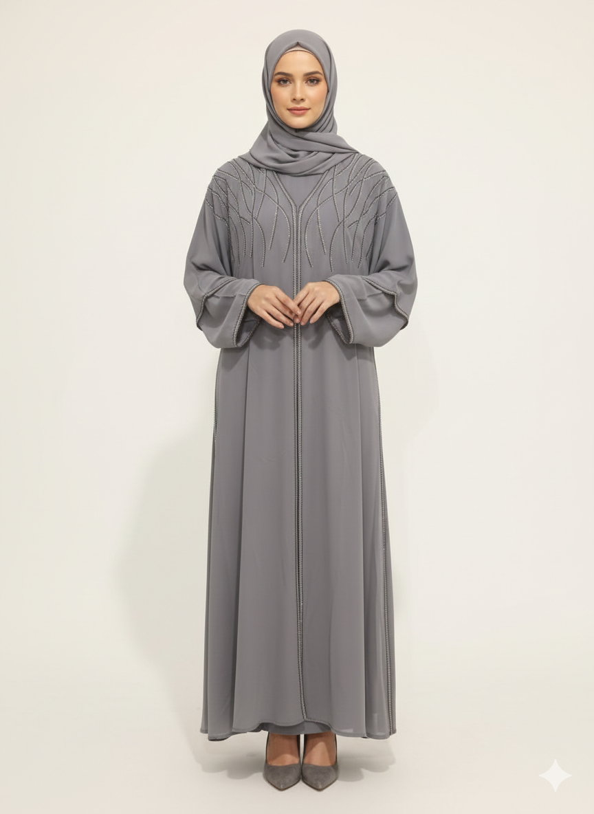 Steel Grey Layered Farasha Abaya | Rizqé Silver Vine Hand-Embellishment with Sheer Chiffon Double Sleeves