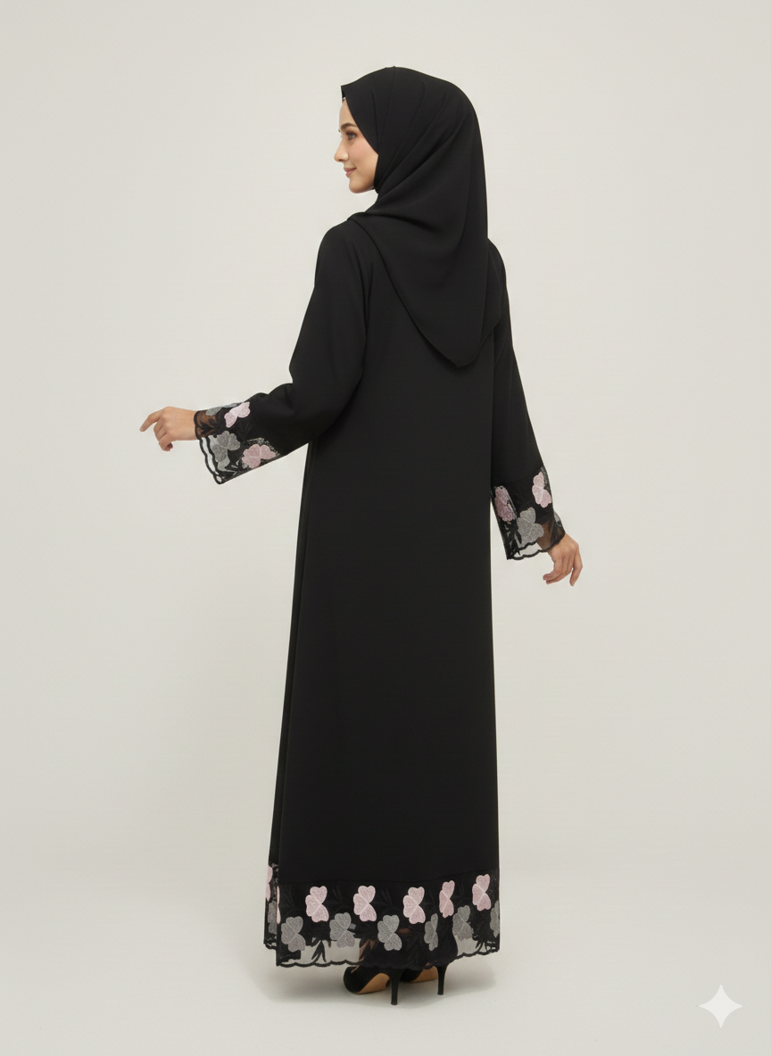 Black Abaya with Floral Organza Net Embroidery | Rizqé Luxury Blush Pink & Grey Petal Border