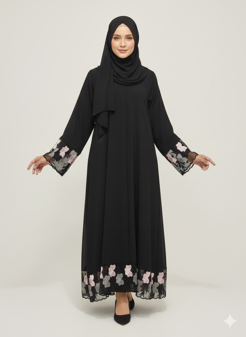 Black Abaya with Floral Organza Net Embroidery | Rizqé Luxury Blush Pink & Grey Petal Border