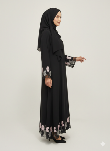 Black Abaya with Floral Organza Net Embroidery | Rizqé Luxury Blush Pink & Grey Petal Border