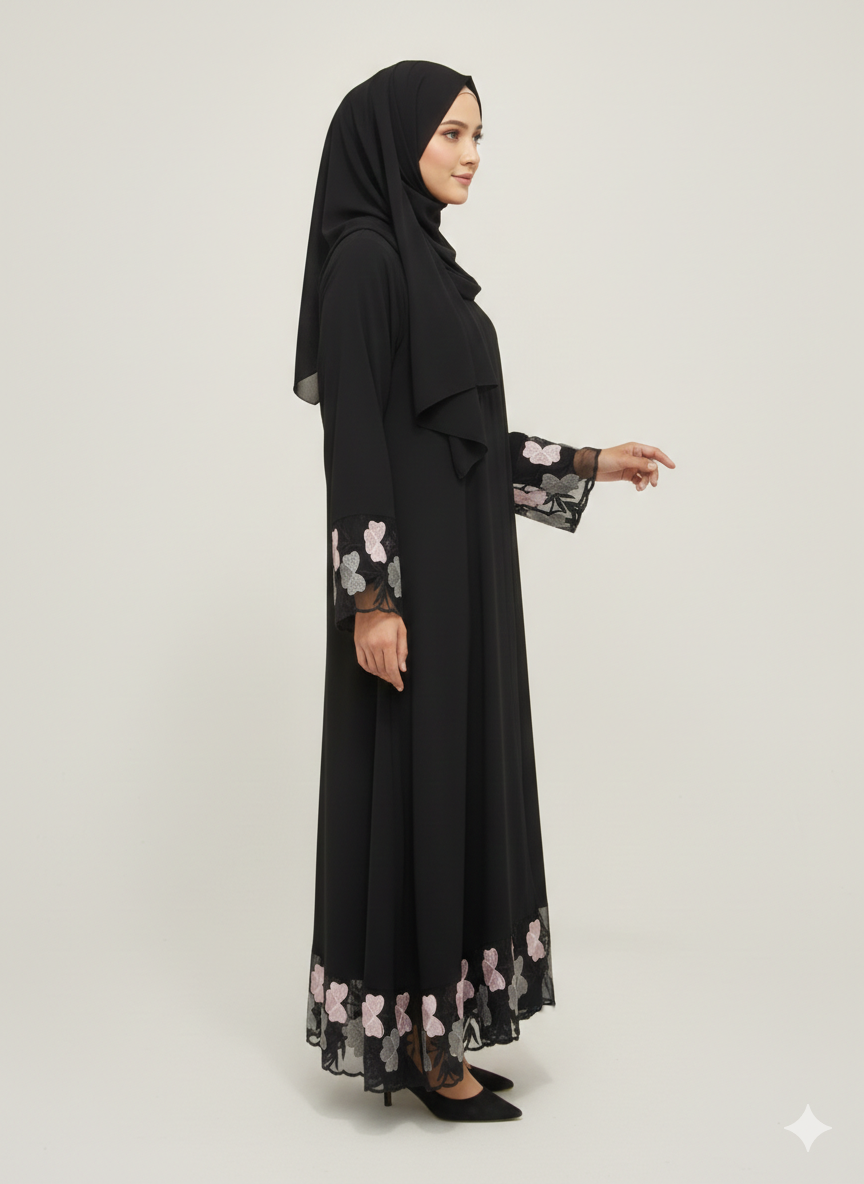 Black Abaya with Floral Organza Net Embroidery | Rizqé Luxury Blush Pink & Grey Petal Border