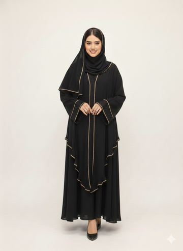 Double-Layered Black Chiffon Abaya | Rizqé Luxury Sheer Overlay Modest Wrap