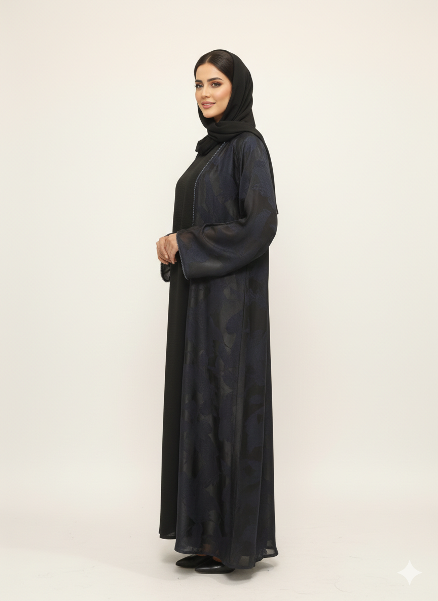 Navy & Charcoal Abstract Marble Abaya | Rizqé Luxury Open-Front Wrap with Midnight Sapphire Tonal Prints