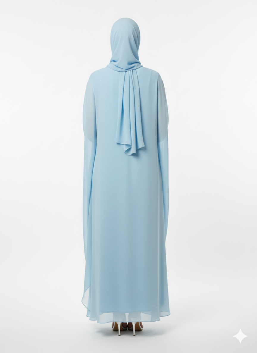 Sky Blue Kaftan Abaya | Embellished Butterfly Sleeve Modest Dress | Chiffon Rizqé Luxury  Fashion